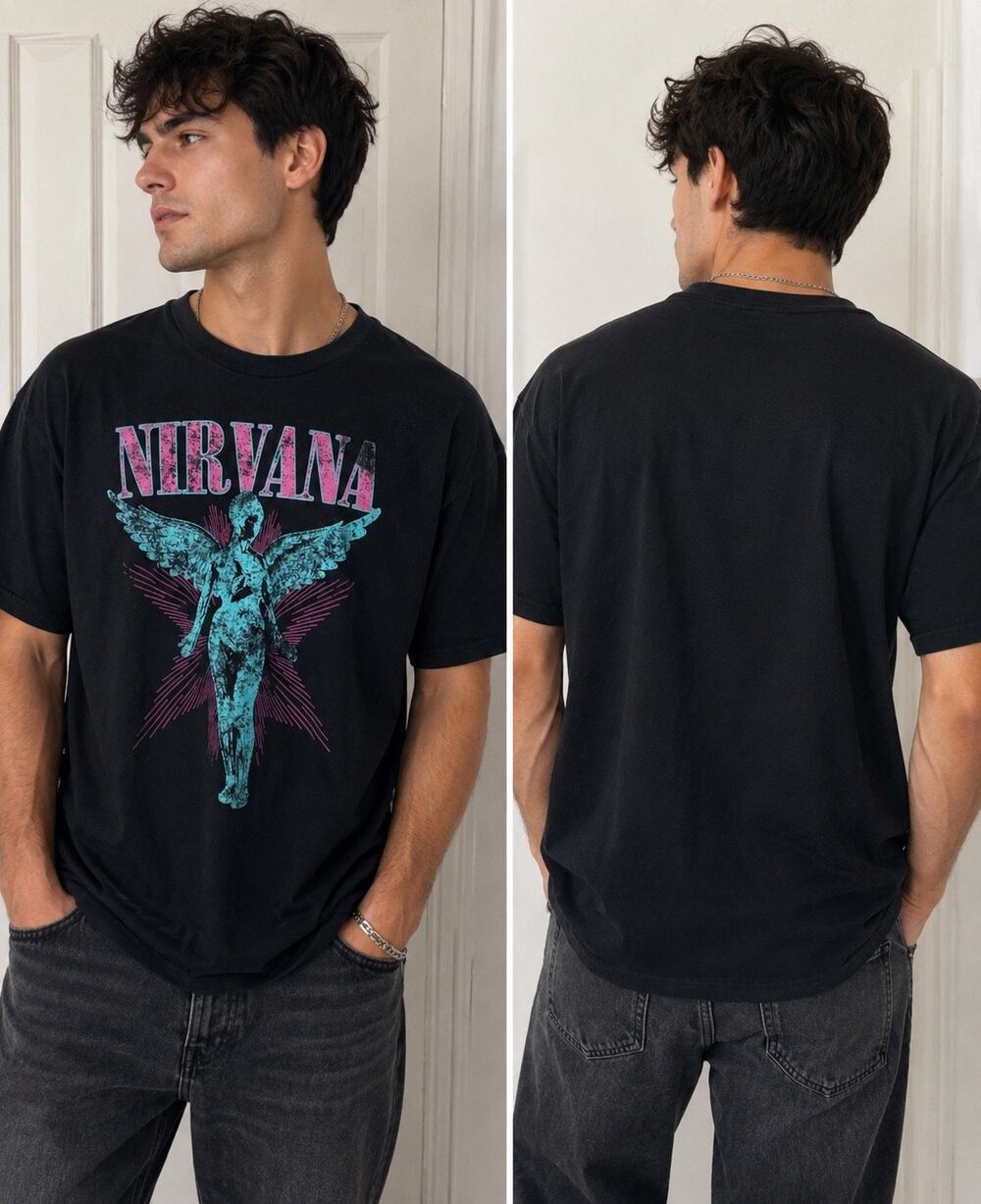Nirvana Angel Graphic Band Tee Black Short Sleeve T-Shirt Unisex 2XL 100% Cotton